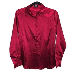 Lucca Wildfang Satin Shirt Button Up Long Sleeve Blouse Maroon Red Silky Small